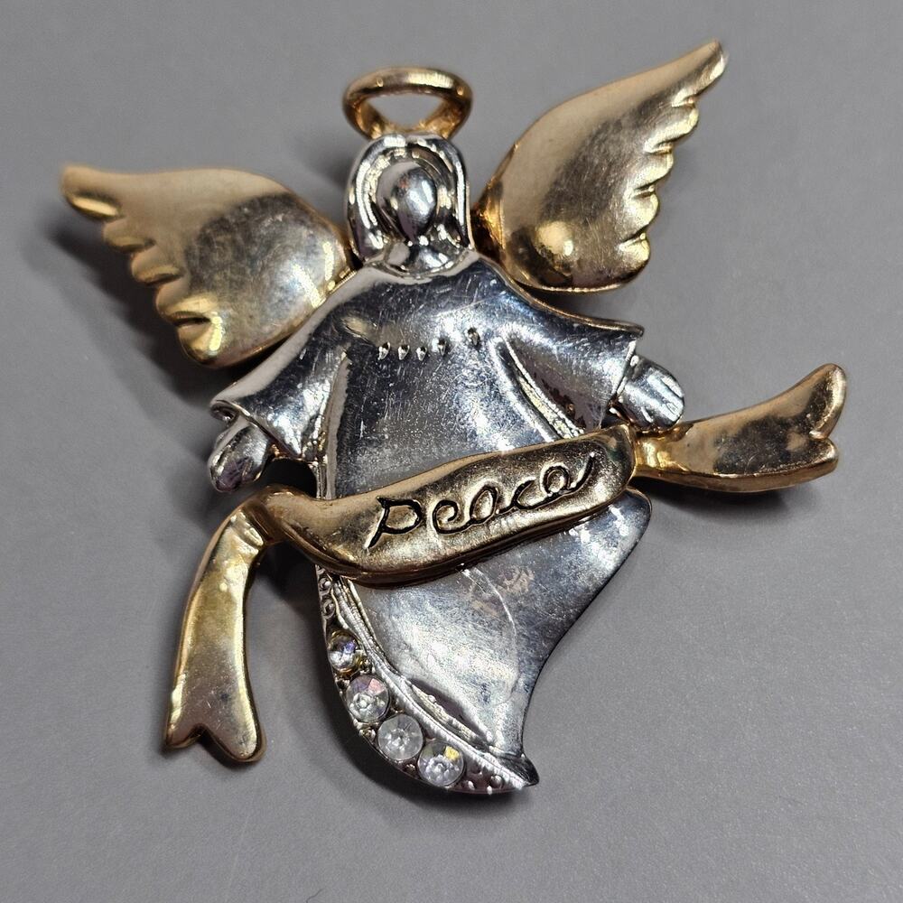 Angel Peace Brooch Pin Halo Wings Mixed Metal Goldtone Silvertone Vintage